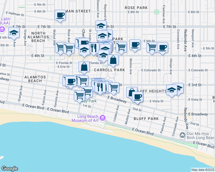 map of restaurants, bars, coffee shops, grocery stores, and more near 299 Kennebec Avenue in Long Beach