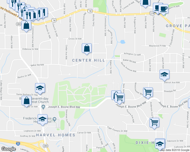 map of restaurants, bars, coffee shops, grocery stores, and more near 398 Baker Circle Northwest in Atlanta