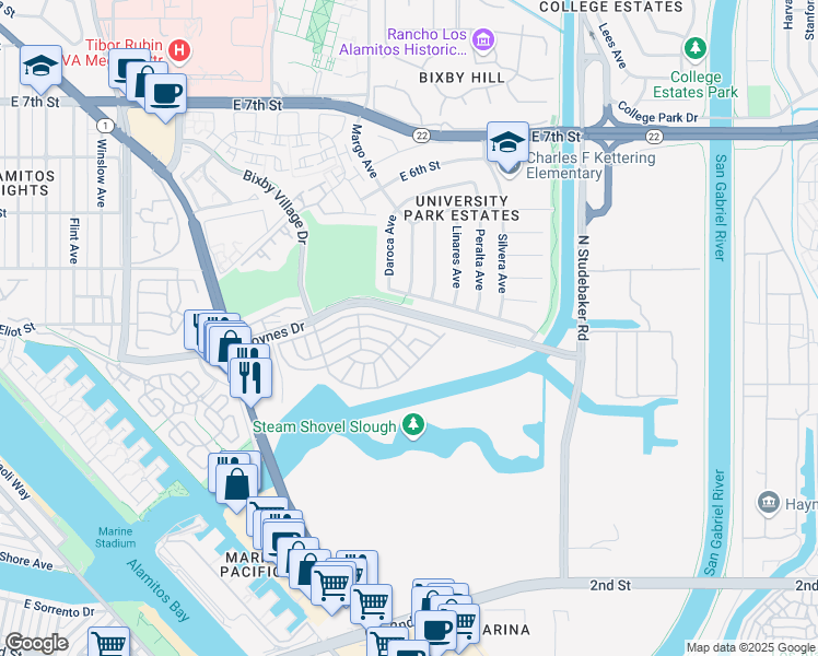 map of restaurants, bars, coffee shops, grocery stores, and more near 6260 East Sea Breeze Drive in Long Beach