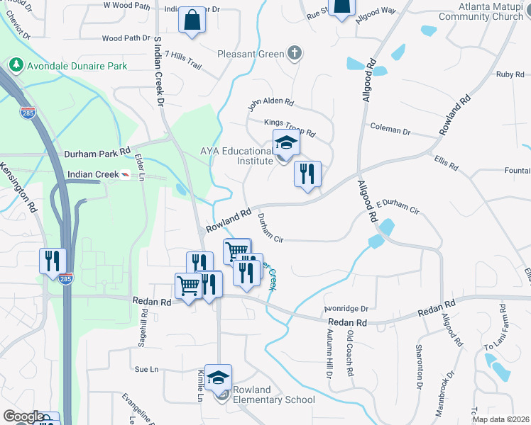 map of restaurants, bars, coffee shops, grocery stores, and more near 1164 Rowland Road in Stone Mountain