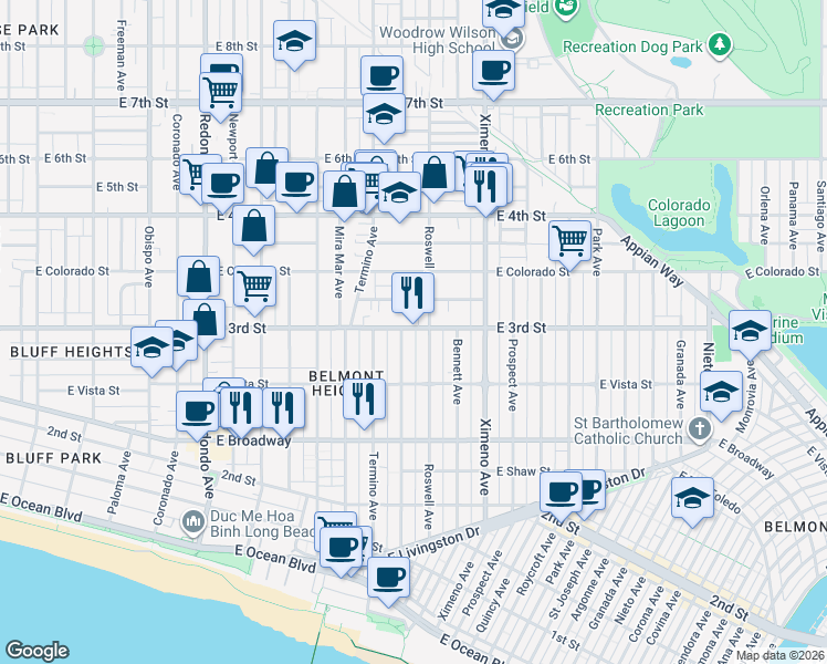 map of restaurants, bars, coffee shops, grocery stores, and more near 4114 East 3rd Street in Long Beach