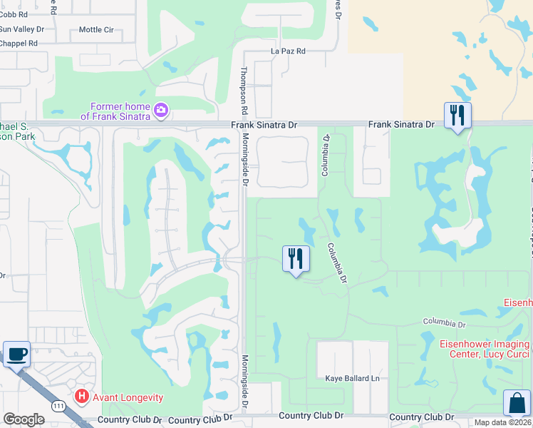 map of restaurants, bars, coffee shops, grocery stores, and more near Temple Court in Rancho Mirage