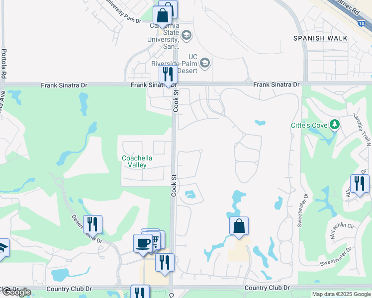 map of restaurants, bars, coffee shops, grocery stores, and more near 649 Vista Lago Circle North in Palm Desert