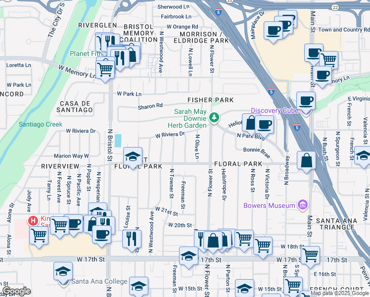 map of restaurants, bars, coffee shops, grocery stores, and more near 2333 North Lowell Lane in Santa Ana
