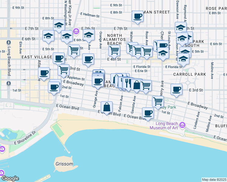 map of restaurants, bars, coffee shops, grocery stores, and more near 1320 East Broadway in Long Beach