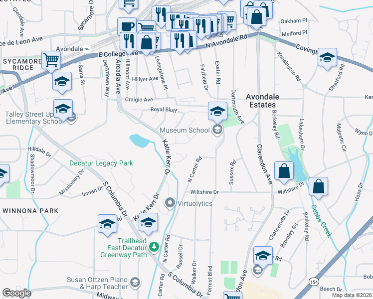 map of restaurants, bars, coffee shops, grocery stores, and more near 2850 Ashbury Heights Road in Decatur