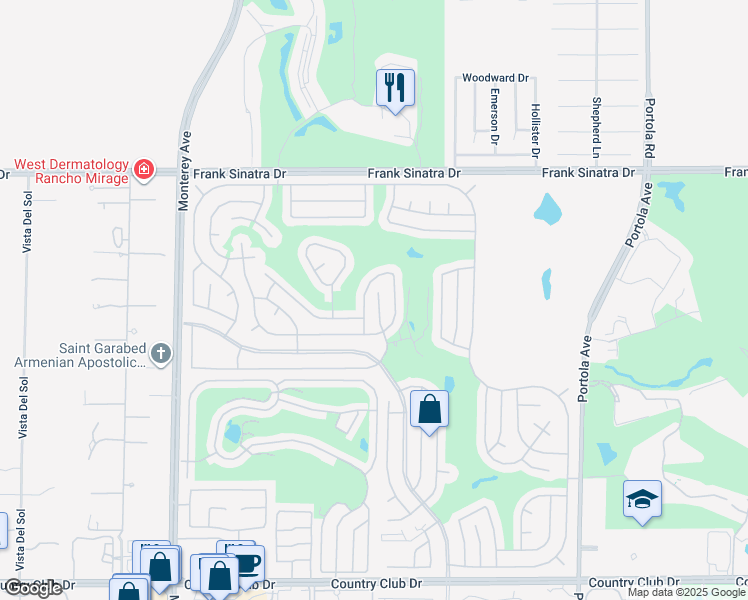 map of restaurants, bars, coffee shops, grocery stores, and more near 73662 Adobe Springs Drive in Palm Desert