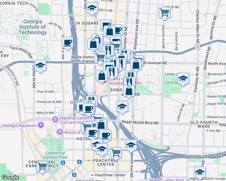 map of restaurants, bars, coffee shops, grocery stores, and more near 493 Peachtree St NE in Atlanta