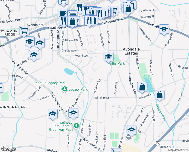 map of restaurants, bars, coffee shops, grocery stores, and more near 2850 Ashbury Heights Rd in Decatur