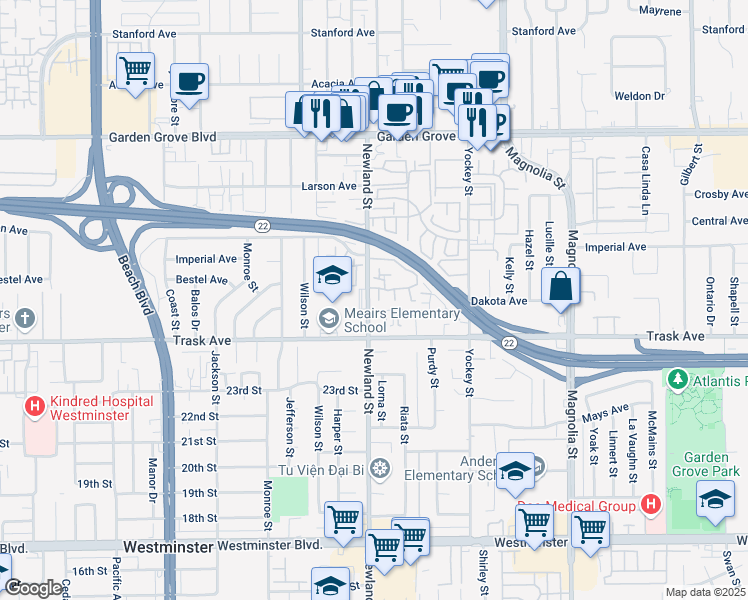 map of restaurants, bars, coffee shops, grocery stores, and more near 13392 Newland Street in Garden Grove