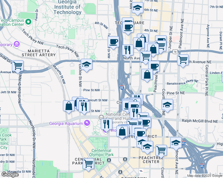 map of restaurants, bars, coffee shops, grocery stores, and more near 497 Centennial Olympic Park Drive Northwest in Atlanta