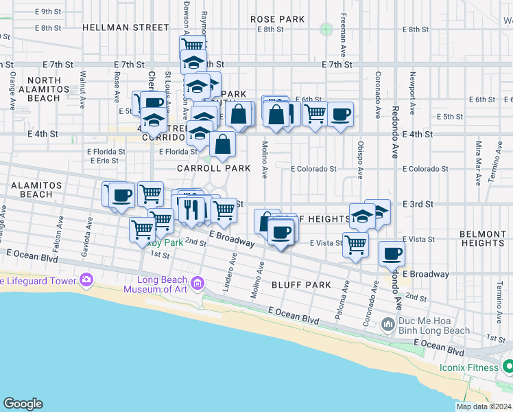 map of restaurants, bars, coffee shops, grocery stores, and more near 2620 East 3rd Street in Long Beach