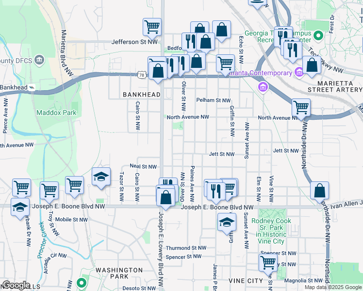 map of restaurants, bars, coffee shops, grocery stores, and more near 486 Oliver Street Northwest in Atlanta