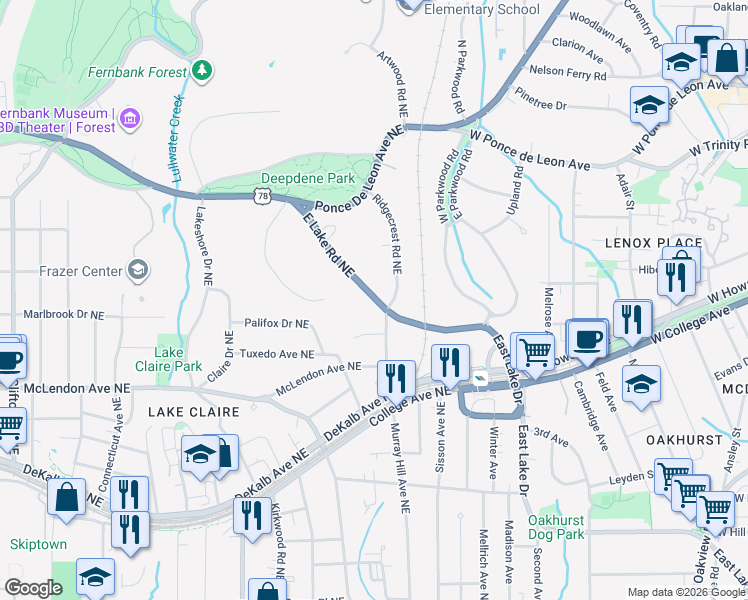 map of restaurants, bars, coffee shops, grocery stores, and more near 2139 East Lake Road Northeast in Atlanta