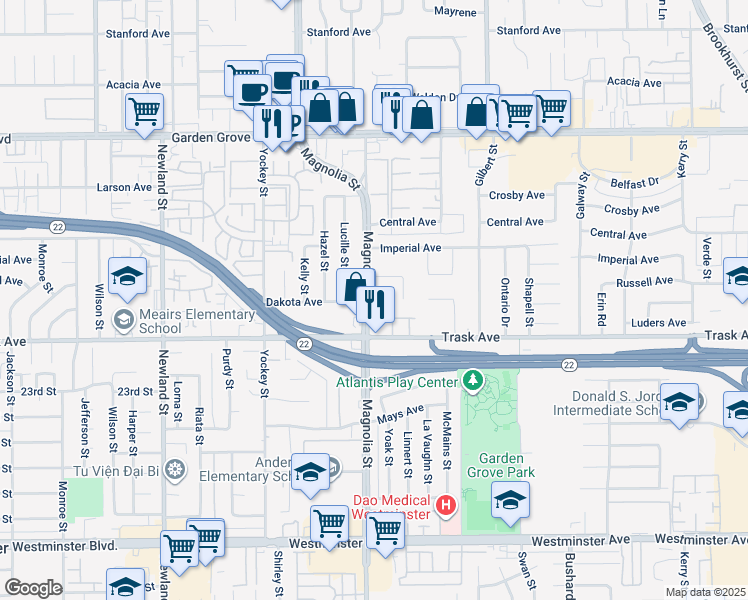 map of restaurants, bars, coffee shops, grocery stores, and more near 13392 Magnolia Street in Garden Grove