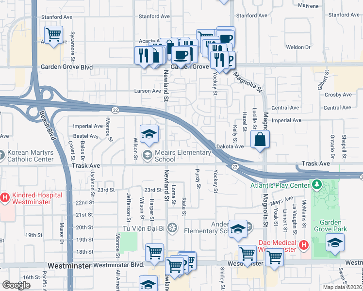 map of restaurants, bars, coffee shops, grocery stores, and more near 8574 Edgebrook Drive in Garden Grove