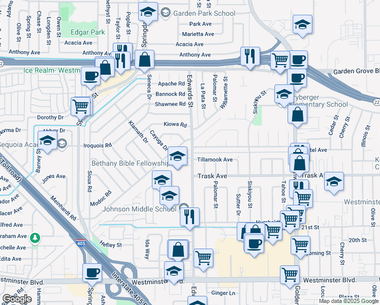 map of restaurants, bars, coffee shops, grocery stores, and more near 6532 Bestel Avenue in Westminster