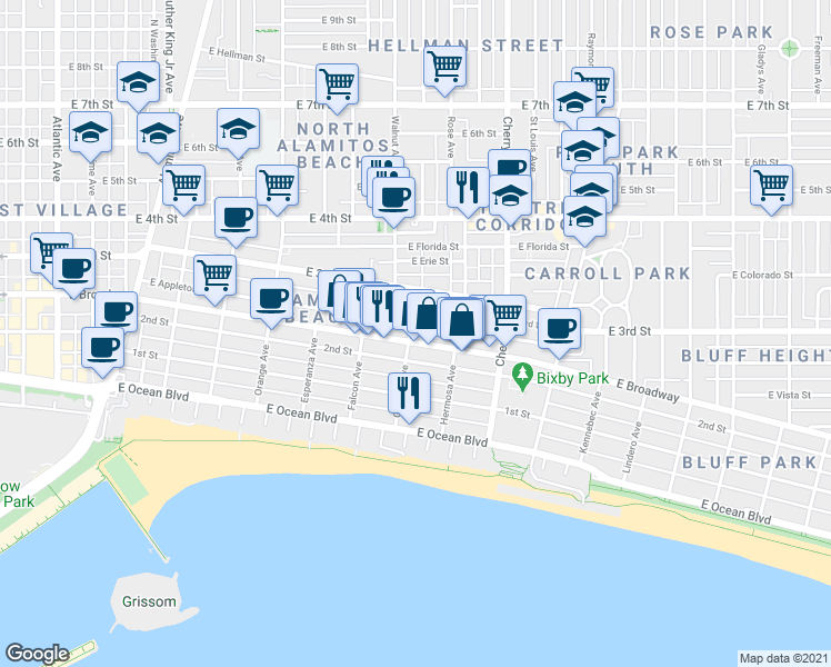 map of restaurants, bars, coffee shops, grocery stores, and more near 1629 East Broadway in Long Beach