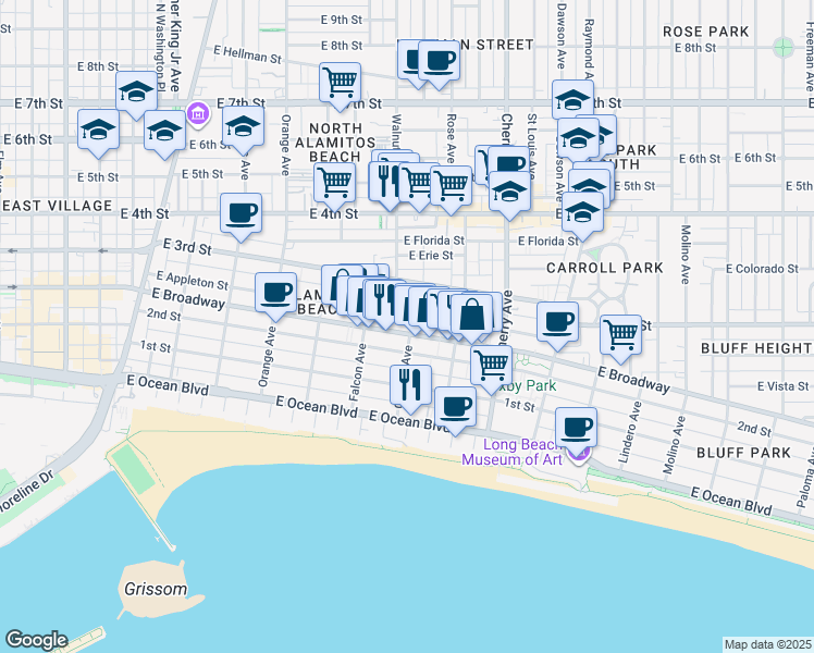 map of restaurants, bars, coffee shops, grocery stores, and more near 1629 East Broadway in Long Beach