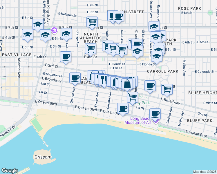map of restaurants, bars, coffee shops, grocery stores, and more near 1629 East Broadway in Long Beach