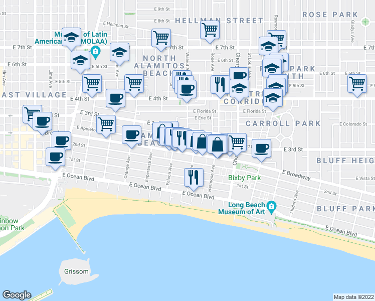 map of restaurants, bars, coffee shops, grocery stores, and more near 1629 East Broadway in Long Beach