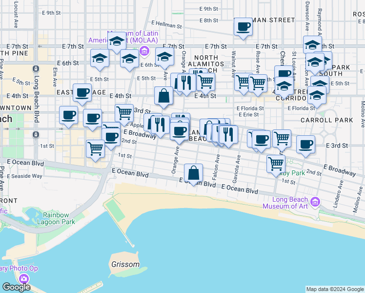 map of restaurants, bars, coffee shops, grocery stores, and more near 1231 2nd Street in Long Beach