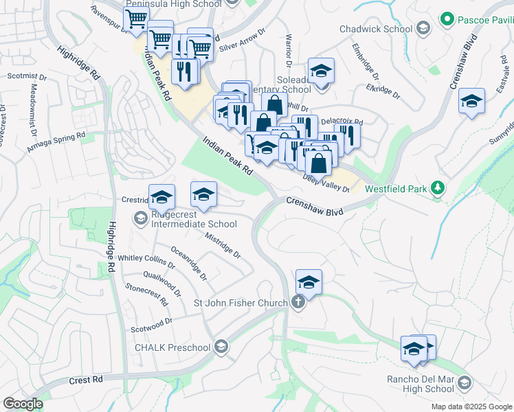 map of restaurants, bars, coffee shops, grocery stores, and more near 5555 Crestridge Road in Rancho Palos Verdes