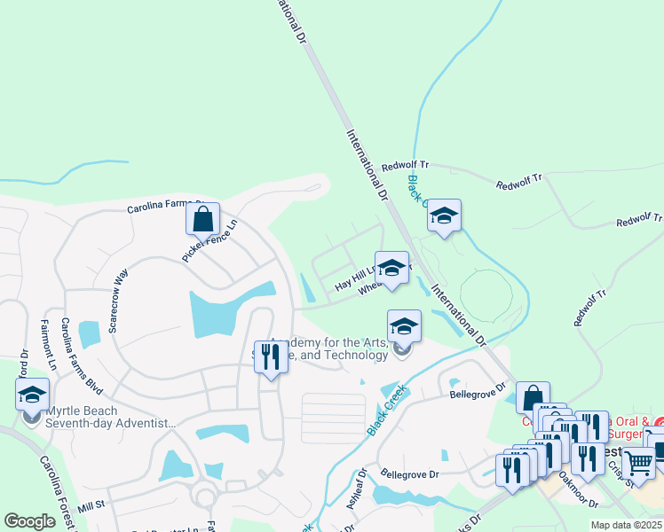 map of restaurants, bars, coffee shops, grocery stores, and more near 405 Black Smith Lane in Myrtle Beach