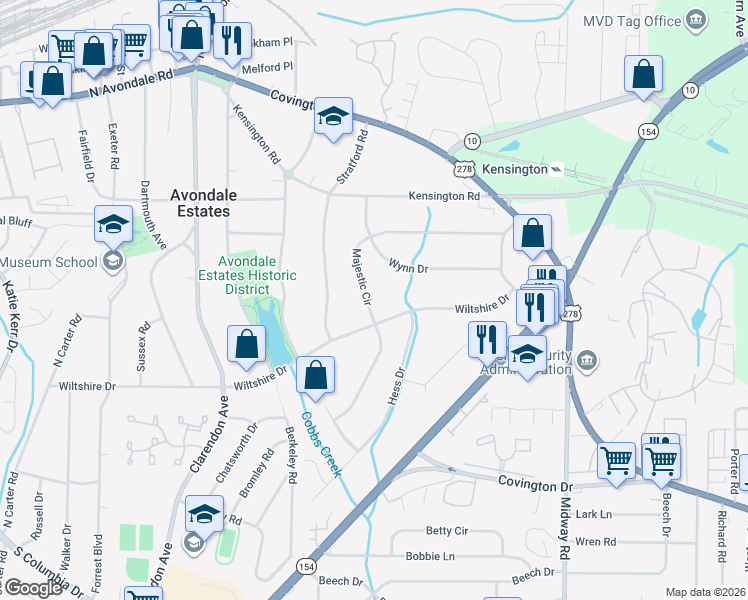 map of restaurants, bars, coffee shops, grocery stores, and more near 3095 Majestic Circle in Avondale Estates