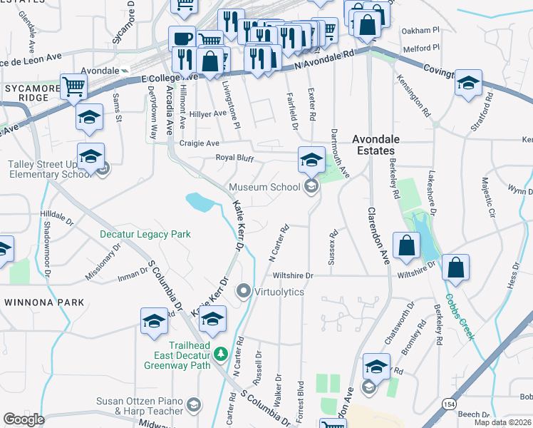 map of restaurants, bars, coffee shops, grocery stores, and more near 2850 Ashbury Heights Road in Decatur