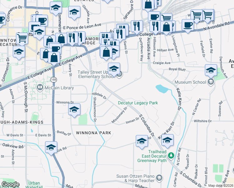 map of restaurants, bars, coffee shops, grocery stores, and more near 410 South Columbia Drive in Decatur