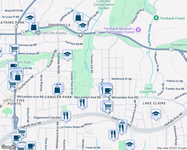 map of restaurants, bars, coffee shops, grocery stores, and more near 511 Clifton Terrace Northeast in Atlanta