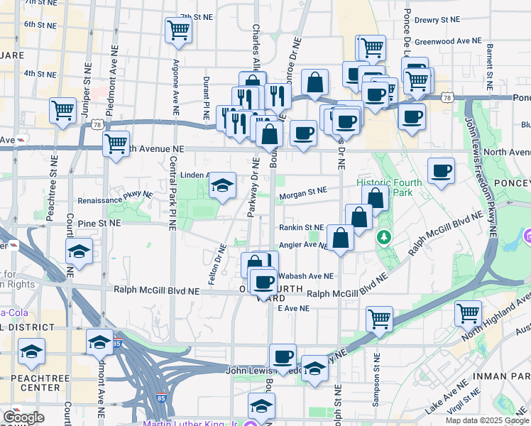 map of restaurants, bars, coffee shops, grocery stores, and more near in Atlanta