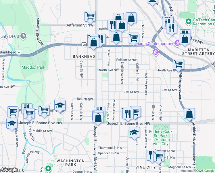 map of restaurants, bars, coffee shops, grocery stores, and more near 486 Oliver Street Northwest in Atlanta