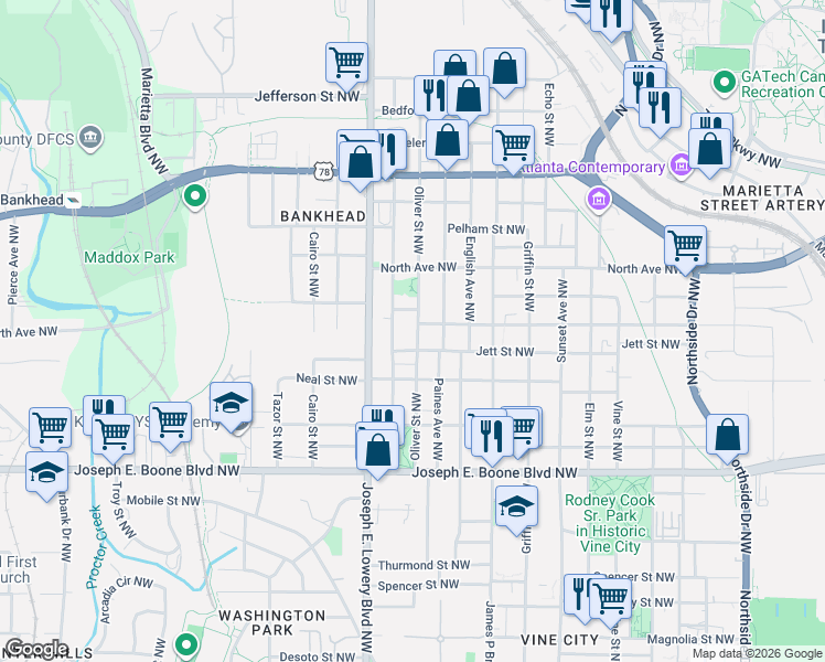 map of restaurants, bars, coffee shops, grocery stores, and more near 486 Oliver Street Northwest in Atlanta