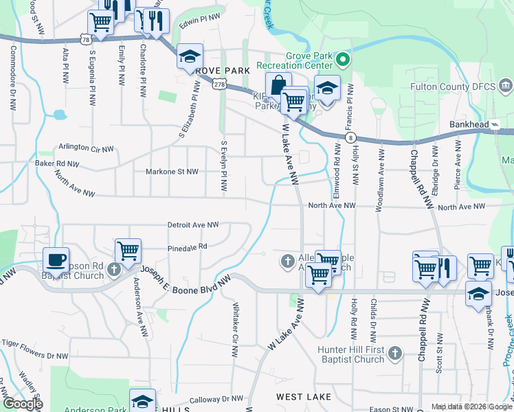 map of restaurants, bars, coffee shops, grocery stores, and more near 1712 North Avenue Northwest in Atlanta