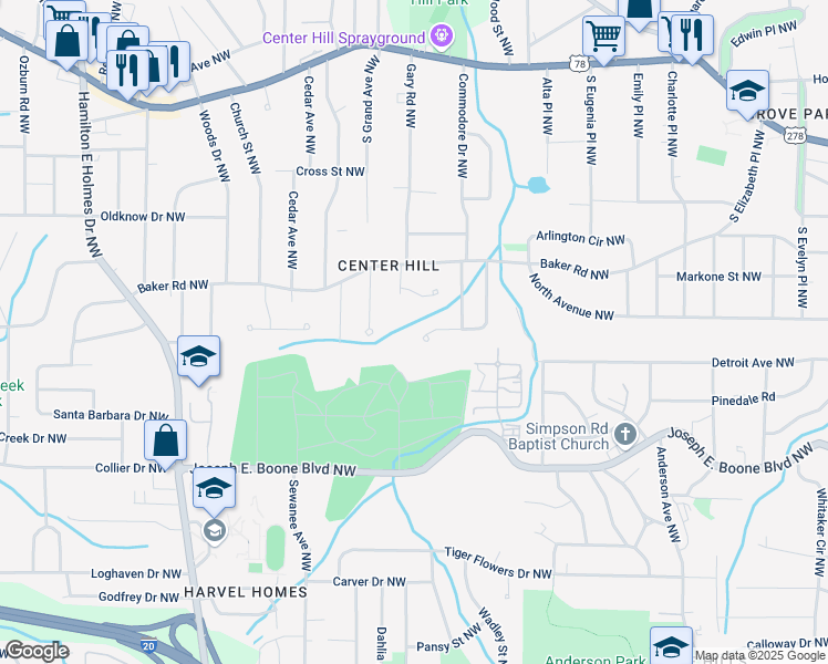 map of restaurants, bars, coffee shops, grocery stores, and more near 398 Baker Circle Northwest in Atlanta