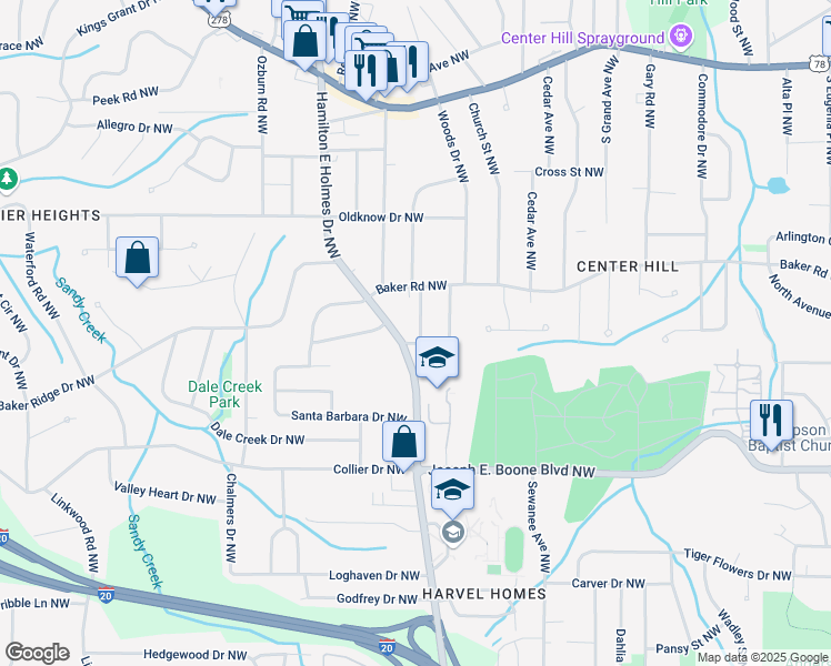 map of restaurants, bars, coffee shops, grocery stores, and more near 2701 Hood Avenue Northwest in Atlanta