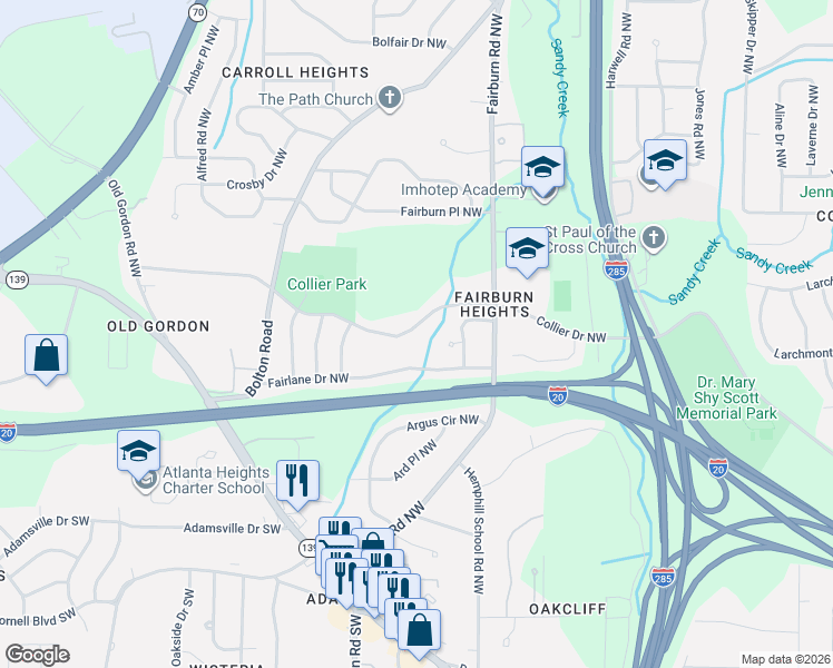 map of restaurants, bars, coffee shops, grocery stores, and more near 3522 Collier Drive Northwest in Atlanta