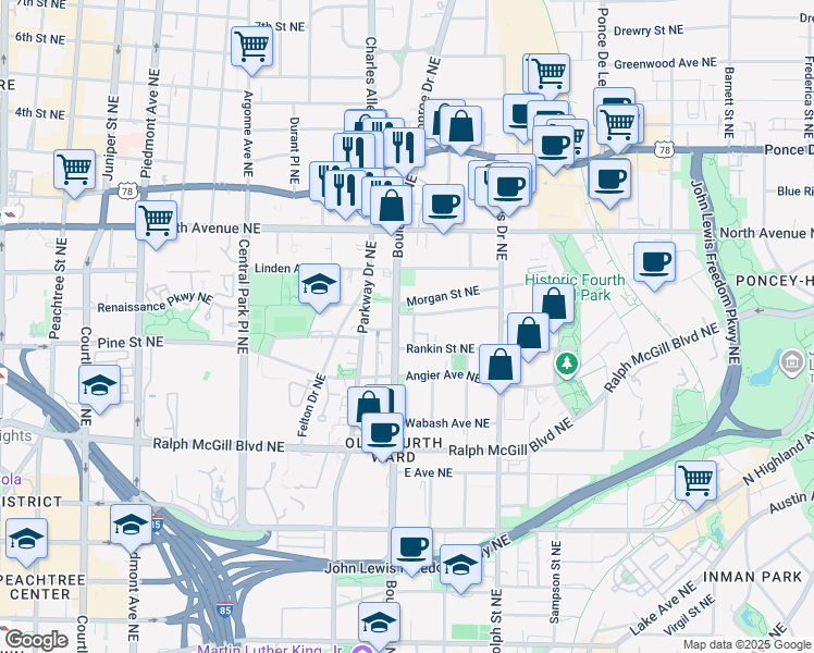 map of restaurants, bars, coffee shops, grocery stores, and more near in Atlanta