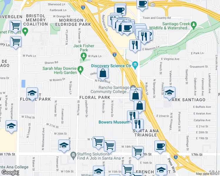 map of restaurants, bars, coffee shops, grocery stores, and more near 2341 Bonnie Brae in Santa Ana