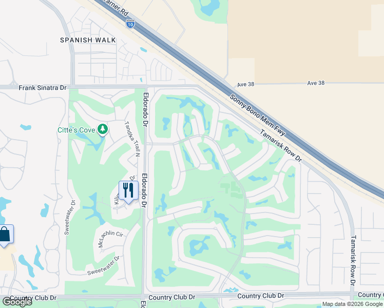 map of restaurants, bars, coffee shops, grocery stores, and more near 38700 Dahlia Circle in Palm Desert