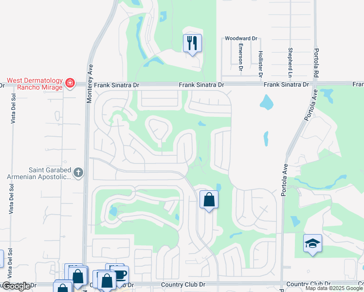 map of restaurants, bars, coffee shops, grocery stores, and more near 73662 Adobe Springs Drive in Palm Desert