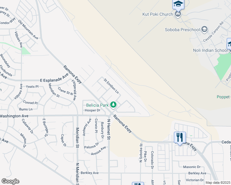 map of restaurants, bars, coffee shops, grocery stores, and more near 2146 Saint Emilion Lane in San Jacinto