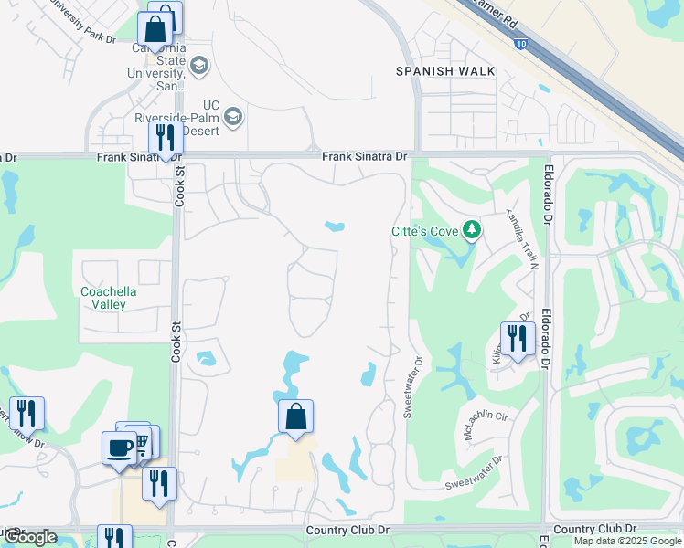 map of restaurants, bars, coffee shops, grocery stores, and more near 276 Vista Royale Circle East in Palm Desert