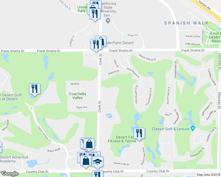 map of restaurants, bars, coffee shops, grocery stores, and more near 657 Vista Lago Circle North in Palm Desert