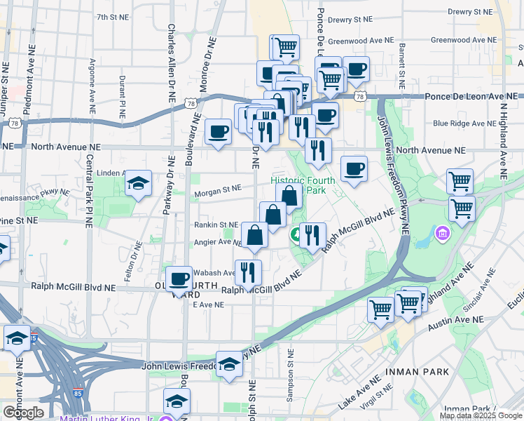 map of restaurants, bars, coffee shops, grocery stores, and more near 495 Glen Iris Drive Northeast in Atlanta