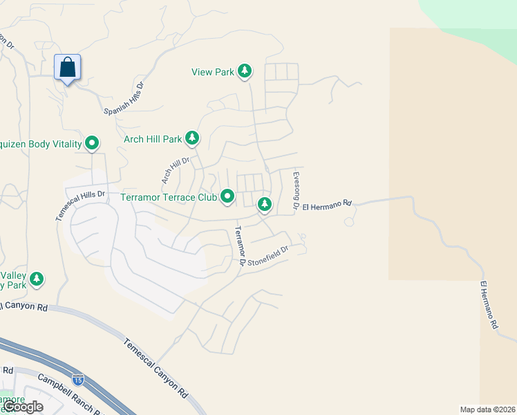 map of restaurants, bars, coffee shops, grocery stores, and more near Terramor Drive in Corona