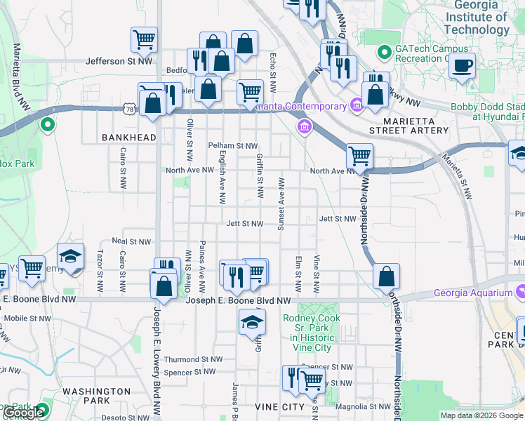 map of restaurants, bars, coffee shops, grocery stores, and more near 720 Cameron Madison Alexander Boulevard Northwest in Atlanta