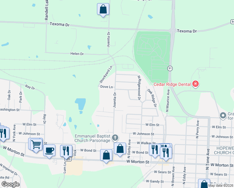 map of restaurants, bars, coffee shops, grocery stores, and more near 1820 Mockingbird Lane in Denison